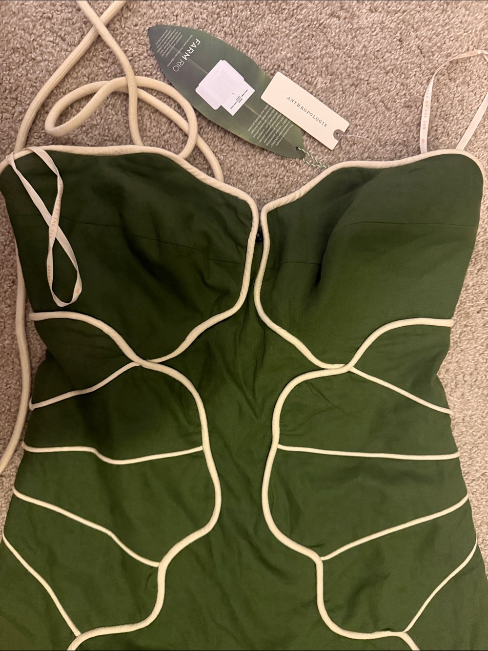 NWT, FARM Rio Anthropologie Green Wavy Linen Halter Mini Dress L originally $298 - Picture 8 of 9